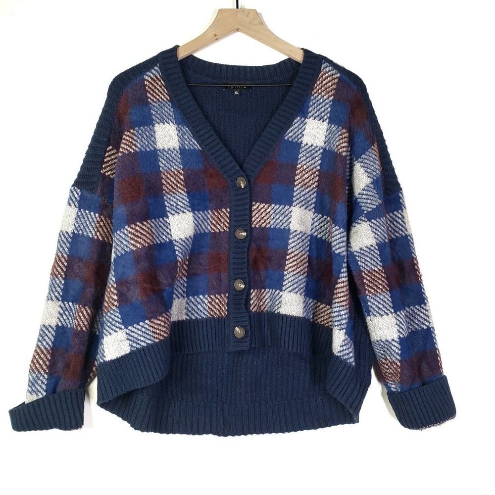 1. State Revolve Button Front Eyelash Cropped‎ Cardigan XL Blue Velvet Burgundy